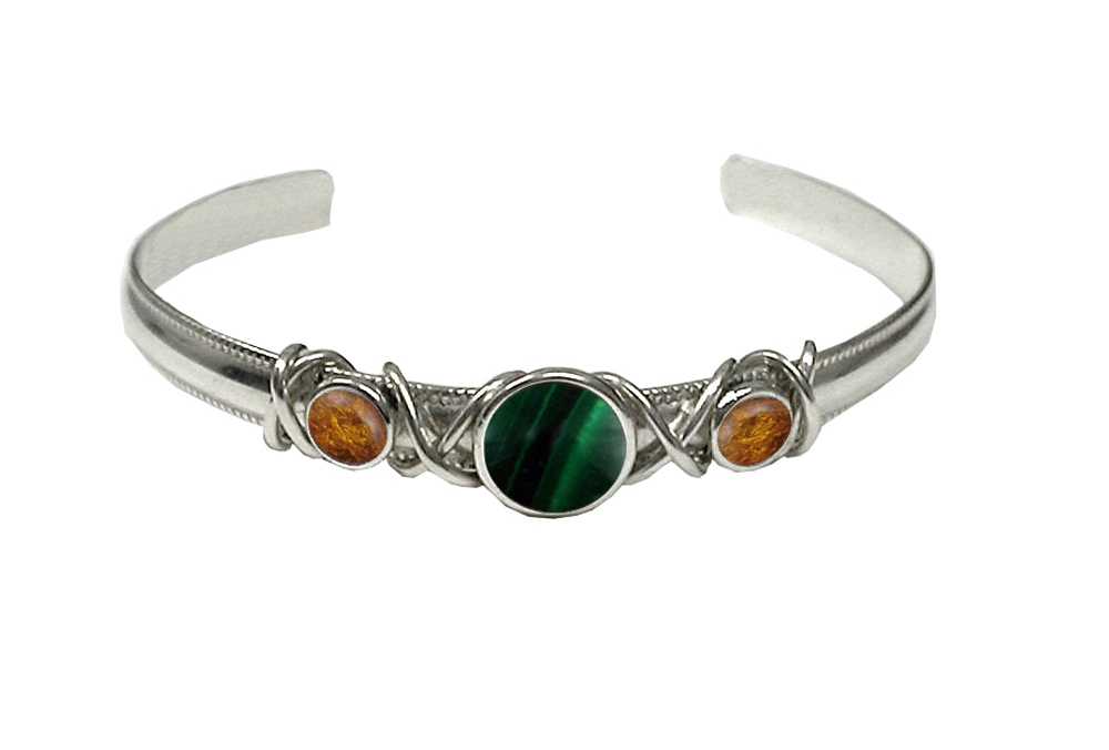 Sterling Silver Hand Made Cuff Bracelet With Malachite And Amber